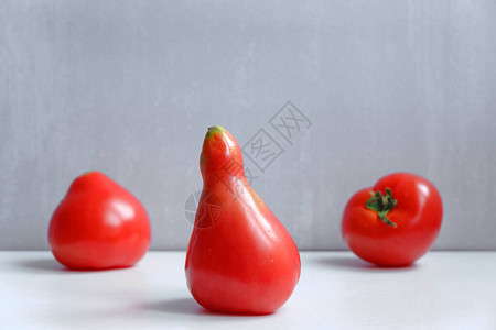 一只梨形红番茄和两只灰色的背景图片