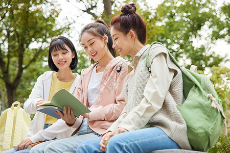 秋季少女学生同学坐在一起看书背景