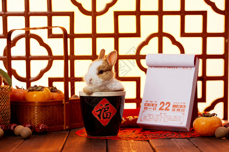拿着礼盒的兔子春节兔年台历喜庆静物背景