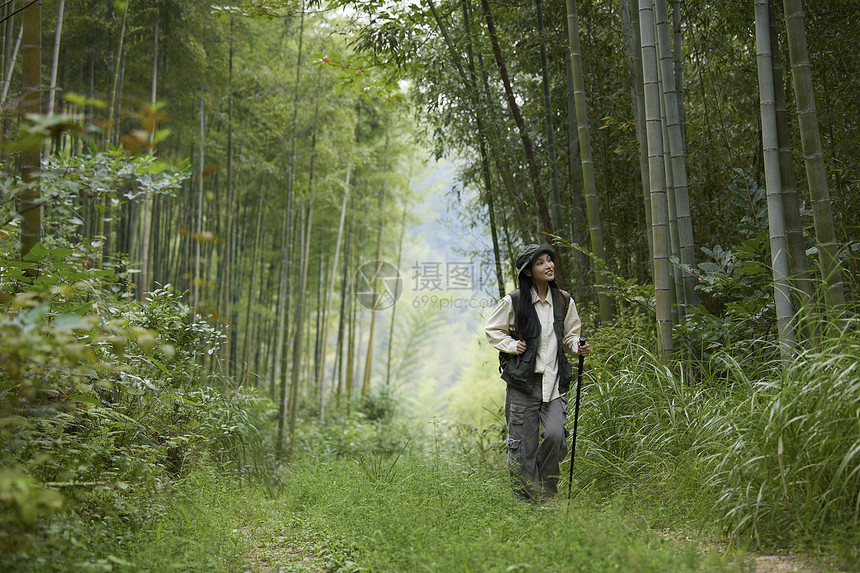 年轻美女竹林里面徒步图片