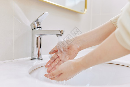 卡通洗手步骤七步法青年女性洗手手部特写背景
