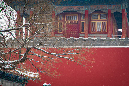 大雪后的紫禁城故宫红墙背景图片