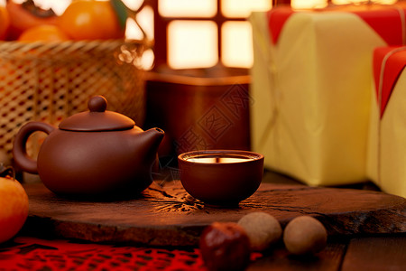 兔年茶杯新年氛围桌面上的茶具背景