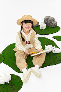 画画的兔子山系小女孩画水彩画形象背景