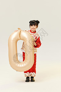 兔年气球卡通版可爱中国风小女孩手拿数字0背景