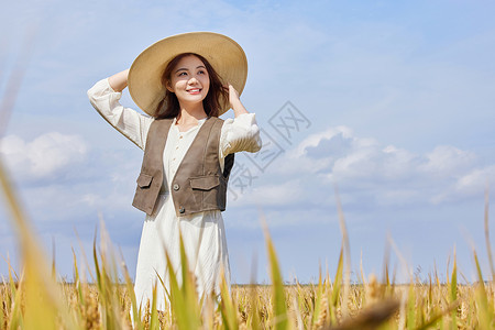 秋季在稻田散步的美女形象图片