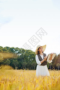 在稻田里写生的美女形象图片