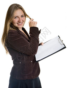 手持夹子和铅笔的女商人肖像白纸图片
