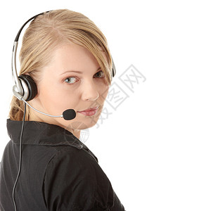 戴着耳机的年轻美丽的客户服务接线员女孩图片