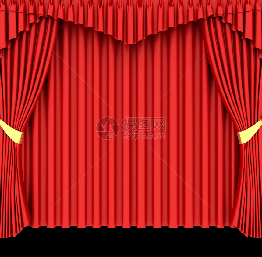 孤立在黑色背景上的红色剧院幕布图片