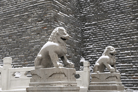 雪后的狮子雕像和旧墙图片