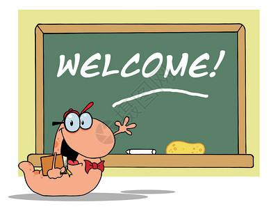 欢迎教室黑板上的学生书虫背景图片
