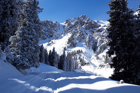 冬天的山峰和雪路图片