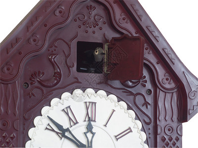 古老的墙布谷时钟一个钟摆和白背景图片