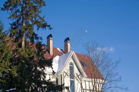 冬季天空背景的新乡间别墅在寒冬图片