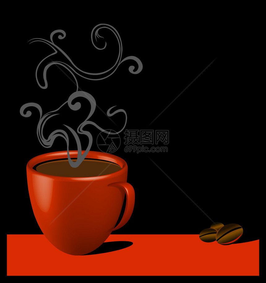 红色杯子黑色背景上的咖啡和咖啡豆图片