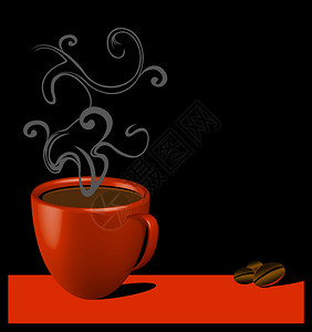 红色杯子黑色背景上的咖啡和咖啡豆图片