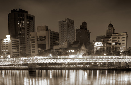 夜间建筑物的城市景观与河上的桥梁图片