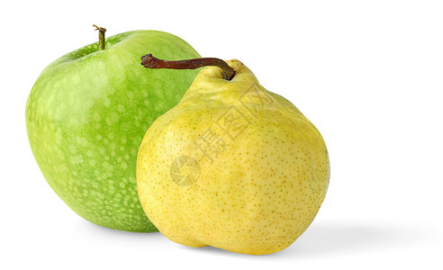 青苹果和黄梨上白色孤立图片