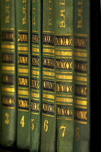 书架上的绿色和金色书图片