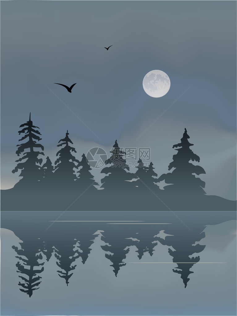 有月亮和鸟的雾湖图片