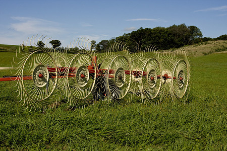 农田草地上的干草耙图片