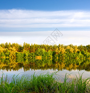 与水反射的美好的风景与秋天森林图片