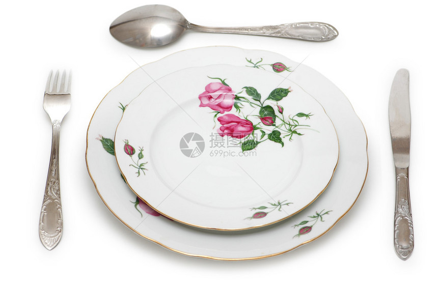 盘子和餐具上白色隔离图片