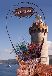 意大利旅行在埃尔巴岛Portoferraio前面的一个小岛的景象背景图片