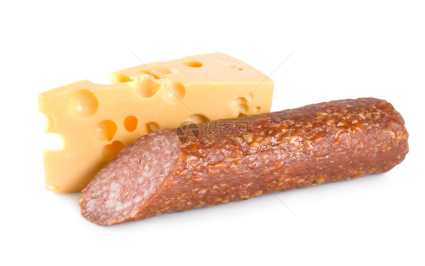 孤立在白色背景上的奶酪和香肠图片