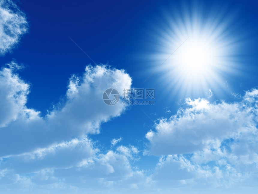 太阳的光束正在穿过蓝天空中图片