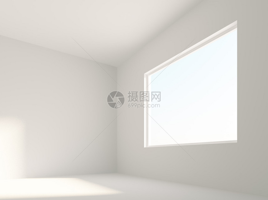 带窗户的白色房间内部的3d插图图片