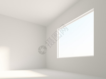 带窗户的白色房间内部的3d插图背景图片