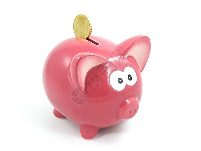 白种背景下欧元货币的小猪银行图片