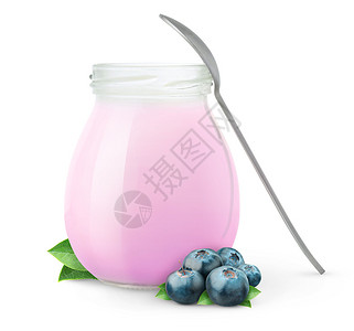 一罐新鲜蓝莓酸奶在白色上分离图片