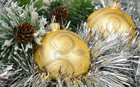 圣诞球在松树枝和锥壳的锡赛的图片