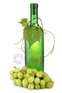 一瓶酒和葡萄树枝在白色背景下被隔离图片