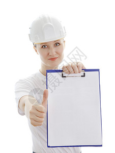 白色头盔上的女人显示空白页面孤立图片
