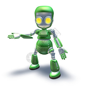 一个可爱的绿色光闪亮银金属机器人物展示或背景图片