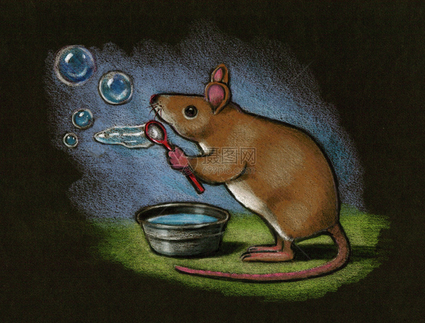 一只老鼠吹泡的彩色铅笔画图片