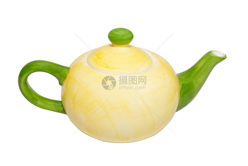 彩色瓷茶壶上白色孤立图片