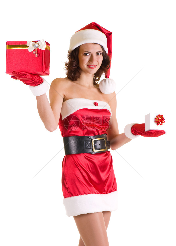 美丽的年轻女孩在圣诞老人衣服与白色图片