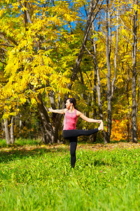 秋天森林妇女锻炼瑜伽女伴图片