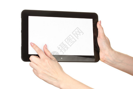 女人手拿着平板电脑在白色上隔离图片
