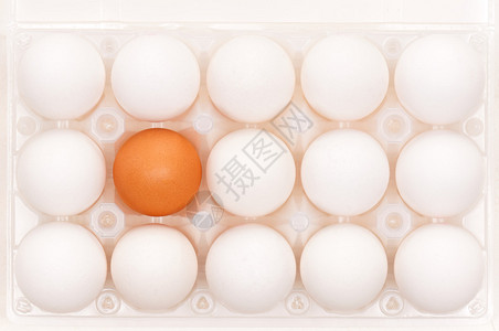 塑料盒中棕色和白色鸡蛋的特写图片