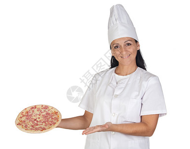 漂亮的厨艺女孩有美味的比萨饼孤立图片