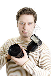 摄影记者拿着闪光照相机图片