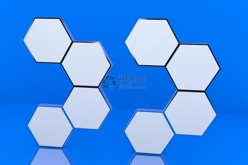 第八个空白六边形框在蓝色背景上显示用于设计工作的新图片