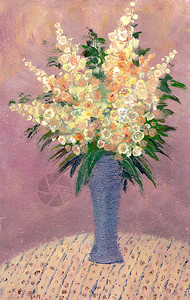 油画蓝色花瓶中的一束郁葱的鲜花静物图片