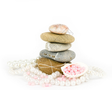 美丽的异国贝壳和石头白色背景上的珍珠图片